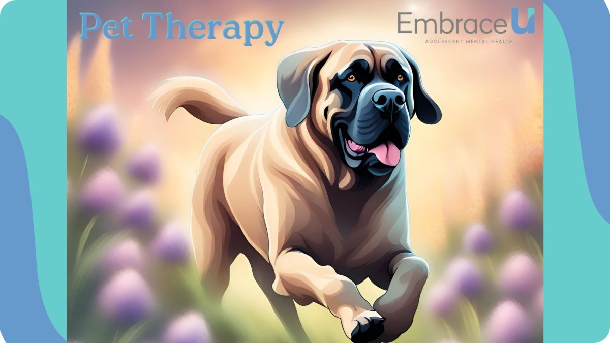 Illustration of an English Mastiff running through a field of pink flowers. The dog provides pet therapy at Embrace U. 