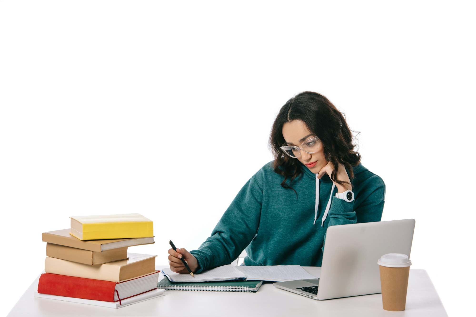 african american teen student studying at table isolated on white