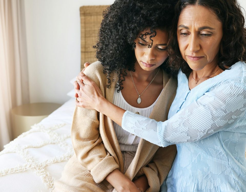 Black women hug, comfort and sad with empathy, kindness and mental health, love with grief and loss