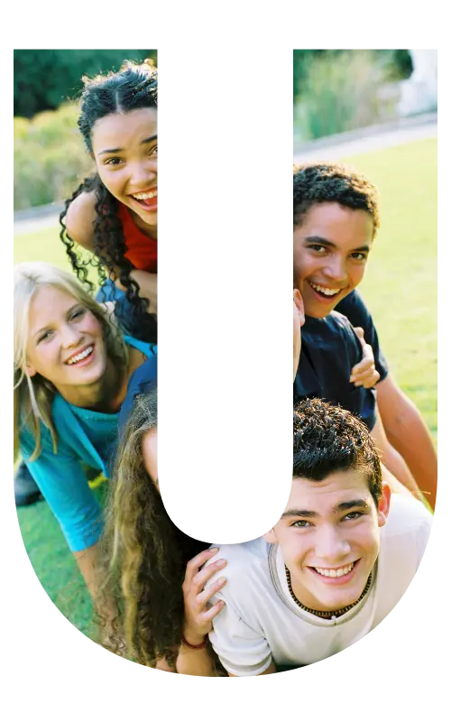 Image is in the shape of the letter "u" and features teens posing and smiling.