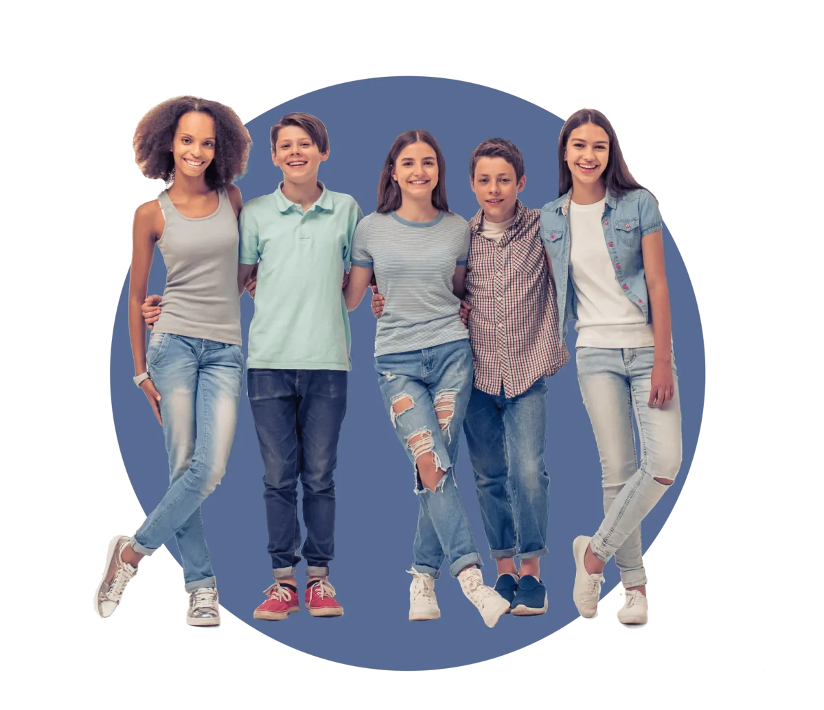 Five kids standing together, with their arms over each others shoulders, and smiling