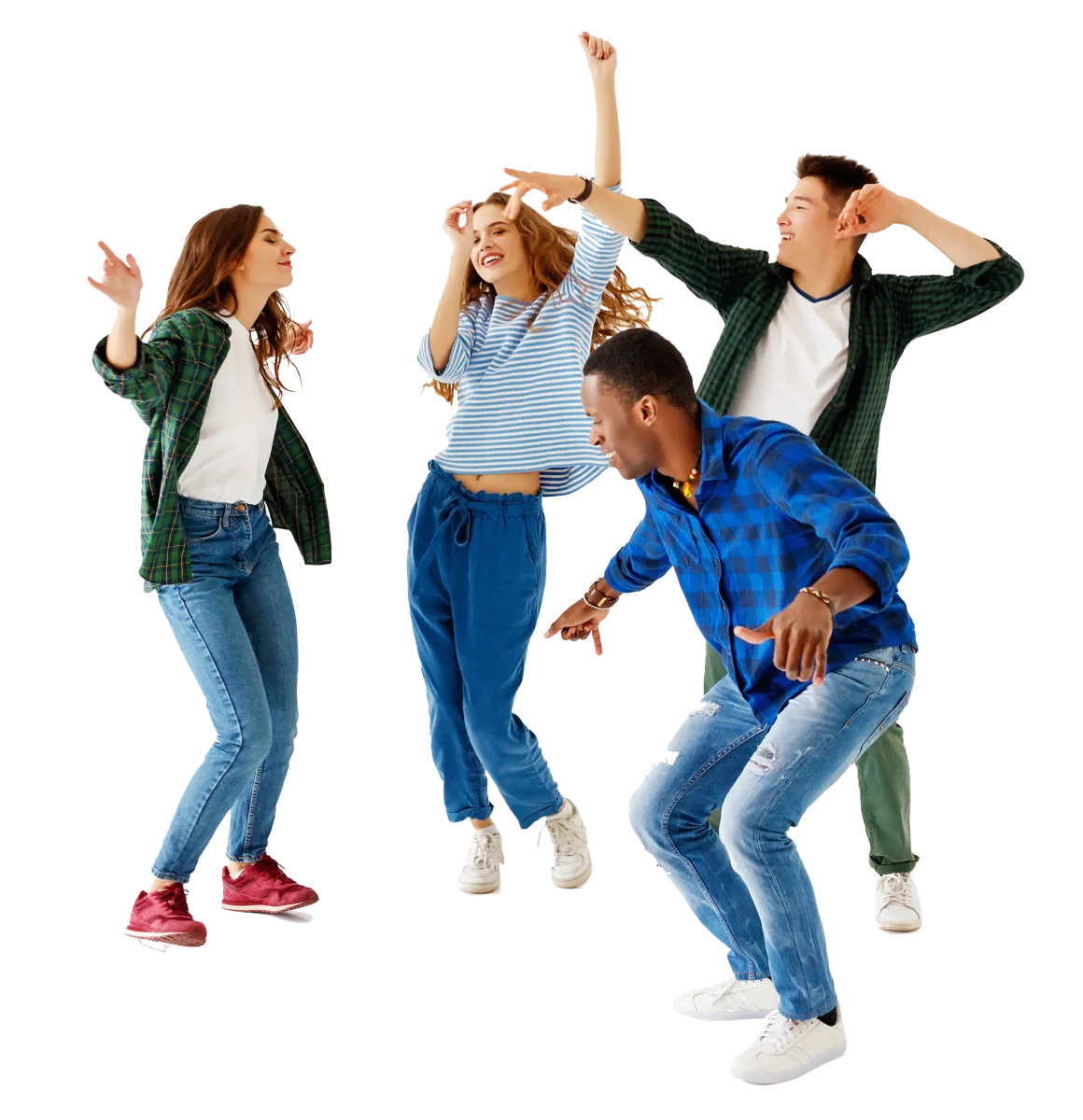 Four happy teens dancing in a group together.