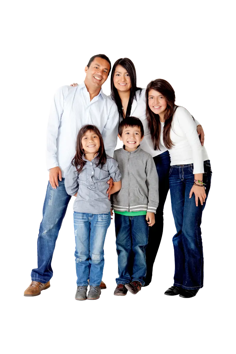 Family of 5 standing together, smiling, and posing for the picture.